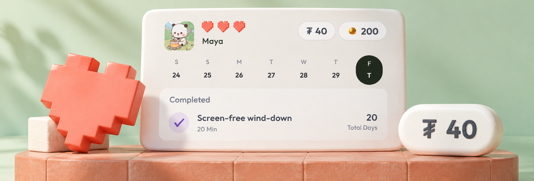 LifeOf habit progress screen beside a coral pixel heart and a ThrillQuids 40 badge